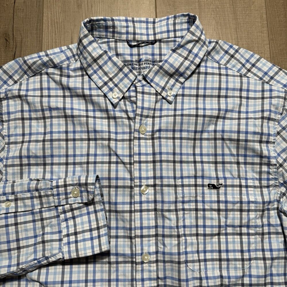 Vineyard Vines On The Go Men’s L Performance OTG Blue Check Golf Fishing Shirt